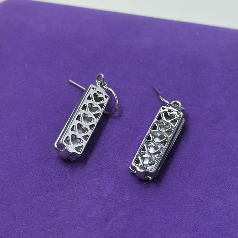 π Silver Heart Rectangular Rhinestone Hook Earrings - Picture 2 of 2